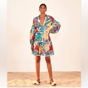 Farm Rio Off White Macaw Puff Sleeve Dress Small New Without Tags - never worn